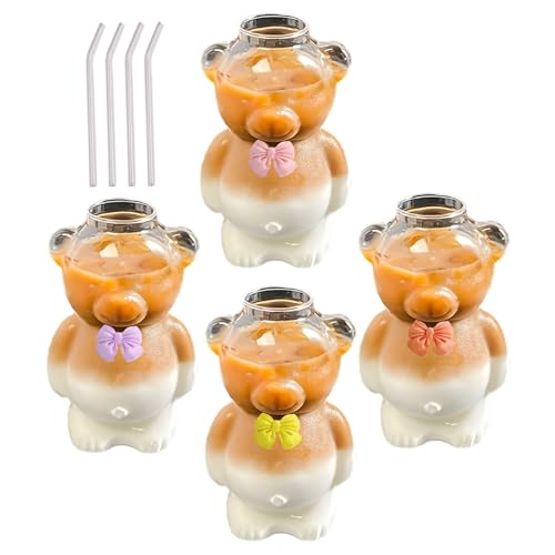 Tasse ours avec paille en verre pour boisson lactée et eau