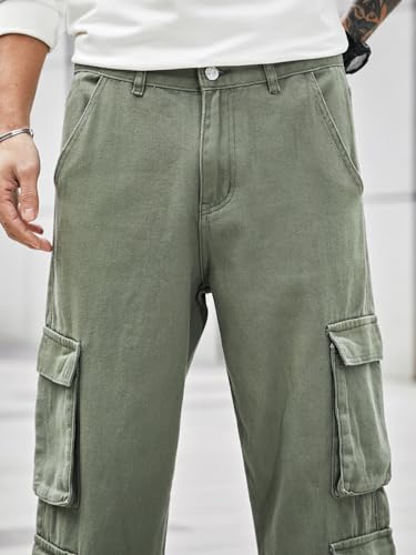 Image of Men's 8 Pocket Cargo Pants | Premium Cotton Twill Baggy Fit Trousers | Stretchable Casual Streetwear Cargos | Mid Rise