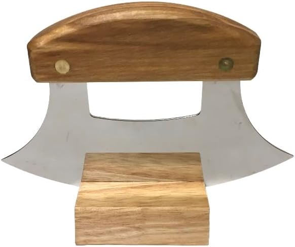 The Ulu Factory Alaska Birch Ulu Knife 6" Stainless Steel Blade with Block Wood Stand Inside Passage Whale Tail