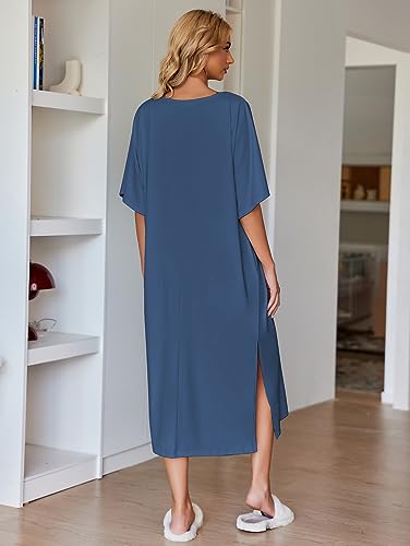 Image of Ekouaer Women's Nightgown Short Sleeve Sleepshirt Long Loungewear Casual Maxi Lounge Dress House Dresses with Pockets