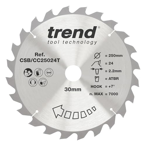 Trend Wood Cordless ATBR Mitre Saw Blade, 250mm Diameter, 30mm Bore, 24 Teeth, 2.2mm Kerf, +7° Hook, TCT, Coarse Finish, CSB/CC25024T