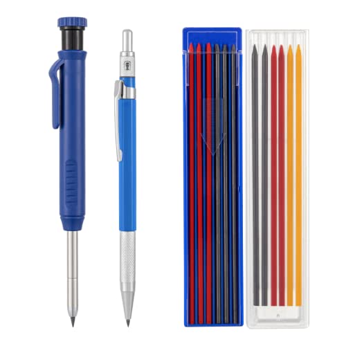 Habibee 2 Pack Solid Carpenter Mechanical Pencil, Construction Pencils With 18 Refills, Deep Hole Mechanical Pencil Marking Scribe Tool With Built-In Sharpener For Woodworking Drafting Architect, Blue #TOP28