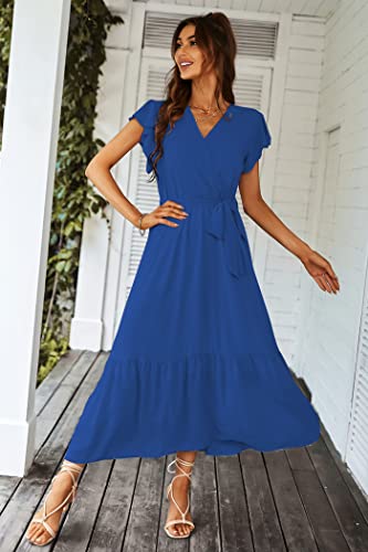 PRETTYGARDEN Women's Summer Floral Boho Maxi Dress Wrap Short Sleeve V Neck Ruffle A-Line Flowy Wedding Guest Long Dresses