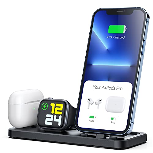 CEREECOO Portable 3 in 1 Charging Station for Apple Products Foldable Charger Stand for iWatch 1/2/3/4/5/6/7 Mini Charging Stand Compatible with iPhone Airpods pro/1/2/3 Charging Dock Holder (Black)
