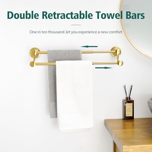 Hoimpro Adjustable Retractable 15-27 Inches Stainless Steel Bathroom Towel Bar, Bathroom Accessories Bath Hotel Double Towel Bar Rod Hanger Wall Mounted Towel Holder Towel Rack, Brushed Gold by Hoimpro - Image 6