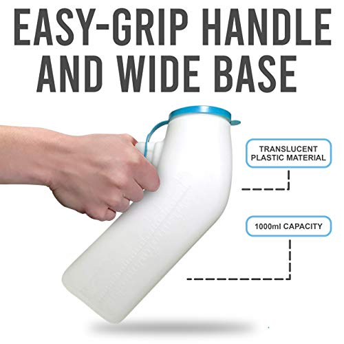 JJ CARE Urinals for Men - Pack of 4-1000ml Plastic Urine Bottles for Men, Spill Proof, Portable Male Urinal Bottle for Car, Elderly & Incontinence - Travel Urinals for Men with Blue lids - Thumbnail 3