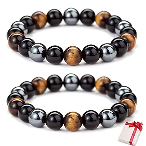 Feelairy 2 pulseras de piedra de ojo de tigre, para hombres y mujeres, elásticas, obsidiana, ojo de tigre, pulsera de regalo para novio, marido y padre Cover