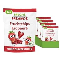 FRECHE FREUNDE Bio Fruchtchips Erdbeere, gefriergetrocknete Obst Chips, natürliche Trockenfrüchte in Scheiben ohne Zuckerzusatz, vegan, laktosefrei, glutenfrei, 12er Pack (12 x 12g)