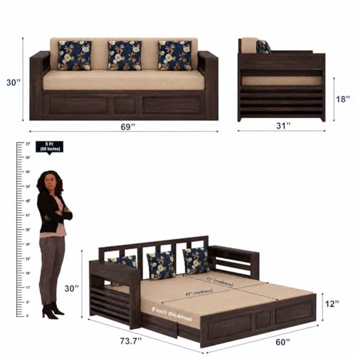 Image of Ganpati Arts Solid Sheesham Wood 3 Seater Lurid Sofa Cum Bed with Side Pocket for Living Room Bed Room | Wooden Bedroom Furniture for Home (Walnut Finish)