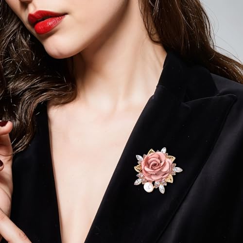 Image of Yuanchu Elegant Rose Flower Brooch Pin, Small Crystal Rhinestone Brooch Pin Dainty Cloth Rose Brooch Pin for Bride Wedding(Pink)
