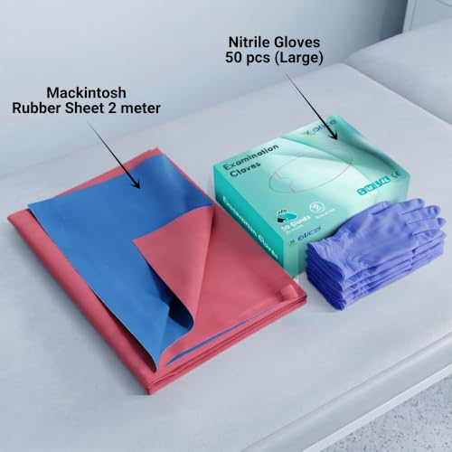 Image of OTICA Mackintosh Waterproof Rubber Bed Sheet (2 Meter) with Nitrile Blue Exam Hand Gloves 50 pcs (Large) - Reusable Bed Protector Mat for Hospital & Home Use, Medical Examination Gloves