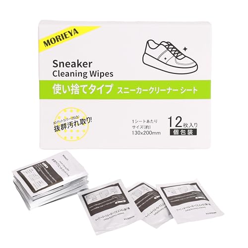 MORIEYA スニーカークリーナーシート 3Dドトラバ-(凹凸)で卓越の汚れ落とし 携帯用 使い捨て 洗剤不要 微香タイプ 肌に優しい 白いドットラバーとソフト面の二面構造 (12 枚入り 個包装)