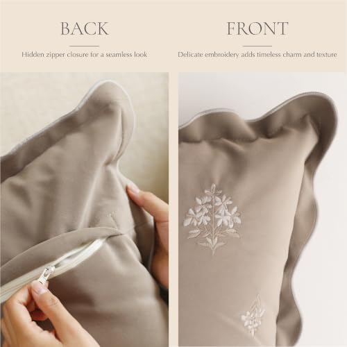 BlissBlush Long Lumbar Pillow Cover 14x36 for Bed, Taupe Velvet Decorative Lumbar Pillow Cover, Floral Accent Cushion Cover with Embroidery and Scalloped Edge for Couch Sofa Bed, Cover ONLY - image 9