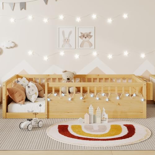 MERITLINE Twin Floor Bed for Kids, Wooden Montessori Bed Frame with Lights, Storage Shelves & Safety Fence Rails, Floor Beds Twin for Girls, Boys, No Box Spring Needed, Without Slats, Natural - Thumbnail 3