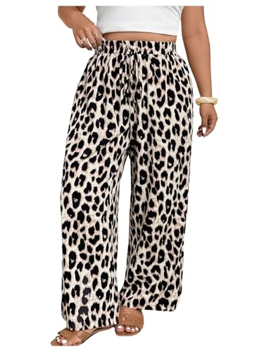 Floerns Women's Plus Size Cheetah Straight Leg Pants Drawstring Waist Y2k Long Trousers