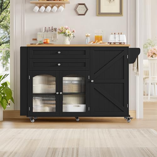 FirFurd Isla Cocina con Ruedas, Isla de Cocina con Barra, Mueble Cocina Auxiliar, con Mesa Plegable, con 5 Ruedas, 2 Cajones y 3 Puertas, Especiero y Toallero (Negro) - imagen 6