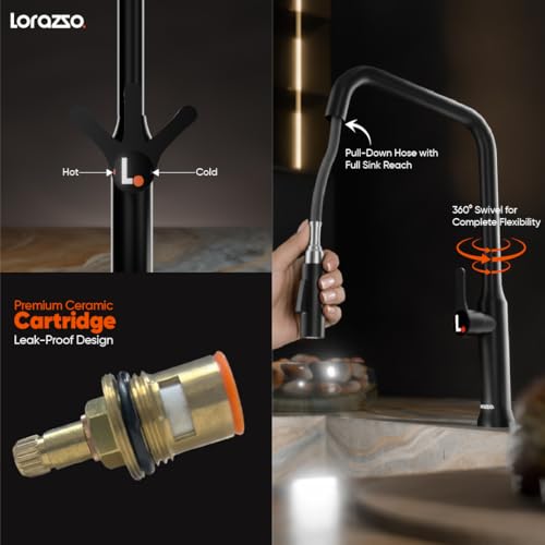 Image of Lorazzo ARCUS Stainless Steel 304 Pull-Down Kitchen Faucet with Hot & Cold Mixer | 360 Swivel Sink Tap | Dual Spray Kitchen Tap | Deck Mounted Kitchen Sink Faucet | 10Y Warranty (Arcus Black)