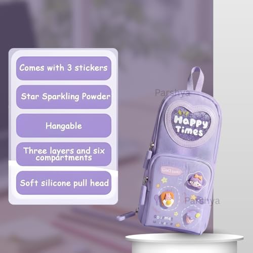 Image of Parshya Large Capacity Pencil Pouch for Girls | Waterproof Multi-Layer Pen Case with 3D Stickers, Silicone Zip Pullers & Carry Handle | Perfect for School Students, Kids, Artists & Office Stationery