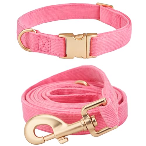 YUDOTE Dog Collar and Lead Set Small,Soft Non-Irritant Corduroy Collar Leash Matching Combo for Daily Walking,Rosy Pink