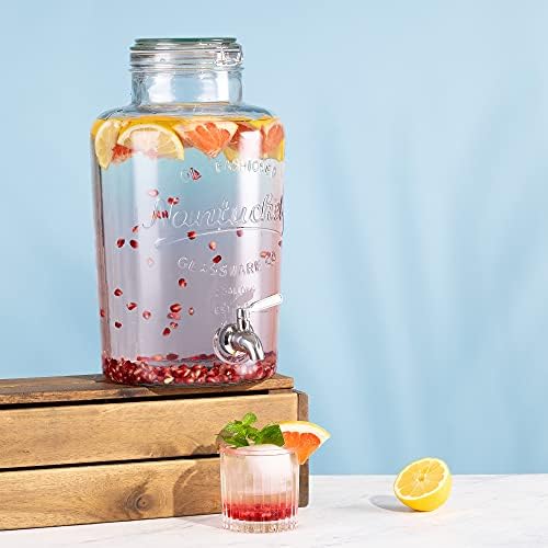 Navaris Drinks Dispenser with Tap - 8L Glass Drink Jar with Stainless Steel Tap and Clip Top Lid - for Cold Beverages, Ice Water, Garden Party
