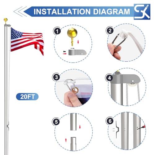 SKGPOLE 20FT Sectional Flag Pole Kit, Extra Thick Heavy Duty Aluminum Flagpoles for Outside House Inground with 3\'*5\' American Flag and Black Ball Topper for Residential or Commercial Use, Silvery - Thumbnail 7