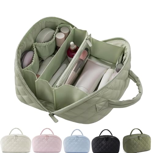 Travel Makeup Bag for Women – Large Capacity Waterproof Puffer Cosmetic Organizer, 180° Lay-Flat Toiletry Bag, Machine Washable Nylon Kulturtasche Damen with Handle (Grün)