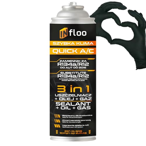 INfloo Quick A/C R134a Gas + Aceite + Sellador 3en1 – Refrigerante 185g | Para vehículos hasta 2016 | Sustituto R134a ión y aire acondicionado