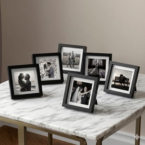 Image of Stuthi Arts Premium 4x4 Inch (10x10 cm) Table Top Photo Frame, Set of 6, Elegant Desk Decor Set, Gallery, MDF with Glass Front (Black, 4x4 inch)