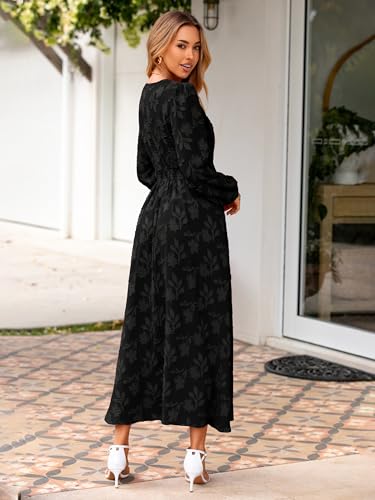 Image of Simplee Womens Boho Floral Long Sleeve Maxi Dress V Neck Empire Waist Fall Wedding Guest Dresses with Pockets