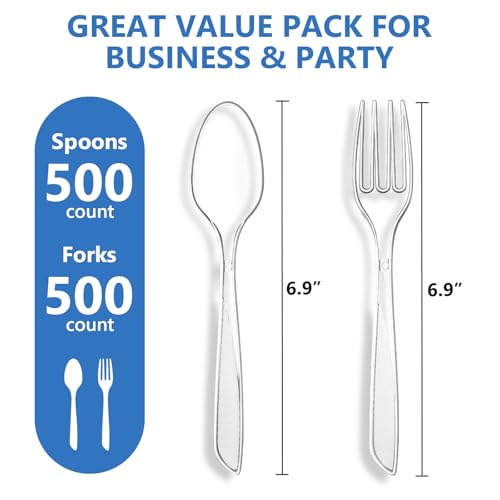 SACATR 1000 Count Plastic Silverware Heavy Duty -500 Forks, 500 Spoons,BPA-Free,Heat Resistant Disposable Plastic Spoons Bulk, Solid Durable Premium Cutlery for Parties, Events and Everyday Use