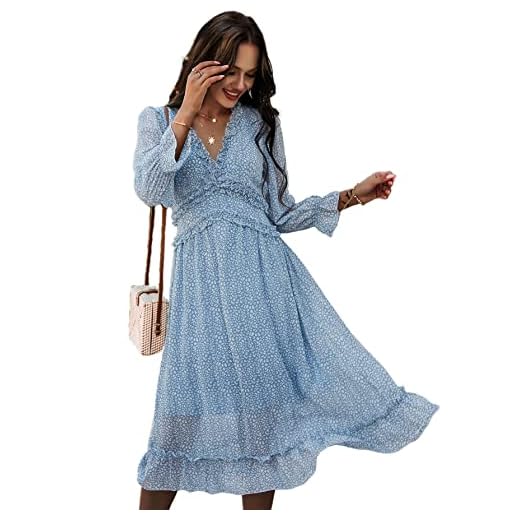 Simplee Women's V Neck Ruffles Floral Printed Long Sleeve Dress High Elastic Waist Flowing Midi Dresses(M Blue)