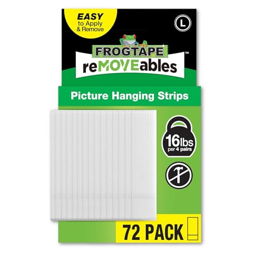 Image of FrogTape reMOVEables Large Picture Hanging Strips, 72 Pairs- 16lbs per 4 Pairs, Damage-Free Removeable Adhesive Wall Strips Picture Hangers for Mounting Frames, Canvas, Home Decor, White (144 Pieces)
