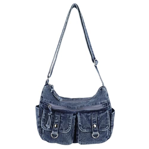 Image of HTU Women Denim Retro Washed Shoulder Bags Large Capacity Soft Denim Crossbody Pack Adjustable Shoulder Strap Solid Color Shoulder Bag Travel Date Shopping Handbag (Dark Blue)