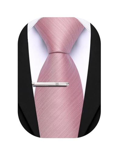 Image of Barry.Wang Mens Ties Solid Color Pink Striped Extra Long Silk Woven Necktie and Tie Clip Set Formal Business Wedding