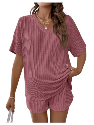 MakeMeChic Women's Maternity Pajamas Lounge Sets 2 Piece Outfits Short Sleeve Rib Knit Tops and Shorts Sets Pregnancy Clothes