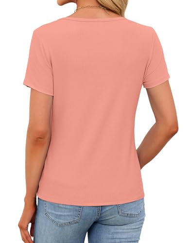 Womens Henley Tops Short Sleeve Shirts Ribbed Shirts Casual Summer 2026 Button Up Slim Fitted Dressy Blouse Basic Tee Tops (Coral, X-Large) — view 5
