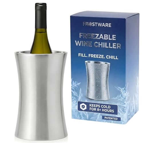 Frostware Patented Wine Chiller Bucket – Fill-With-Water & Freeze Stainless Steel Wine Bottle Chiller and Cooler Keeps Drinks Cold for 8+ Hours