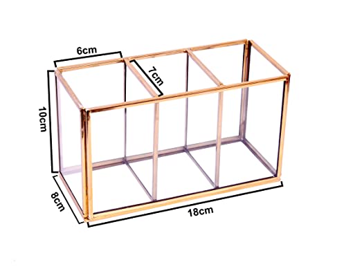 Image of Glass Makeup Brush Organizer with Gold Metal Frame - Cosmetic Brush Holder for Vanity, Dressing Table & Bathroom Counter - Multi Compartment Beauty Storage - 18 x 8 x 10 cm