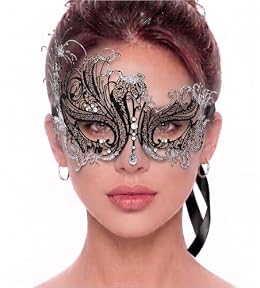 Metal Filigree Masquerade Mask for Women - Swan Style Mask with Rhinestones for Mardi Gras, Prom, Halloween & Venetian Party