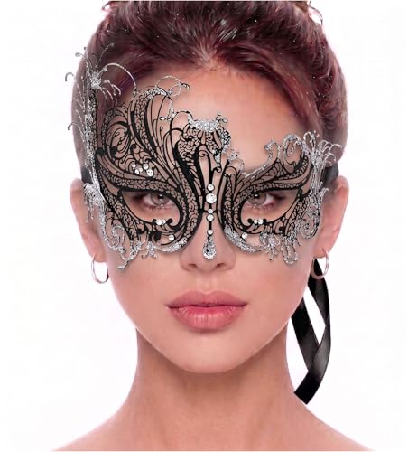 Image of Metal Filigree Masquerade Mask for Women - Swan Style Mask with Rhinestones for Mardi Gras, Prom, Halloween & Venetian Party