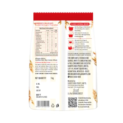 Image of Bagrry's White Oats 1kg | Breakfast Cereal, Instant Oats Breakfast, Whole Grain | High Soluble Fibre | Protein Goodness | Non GMO