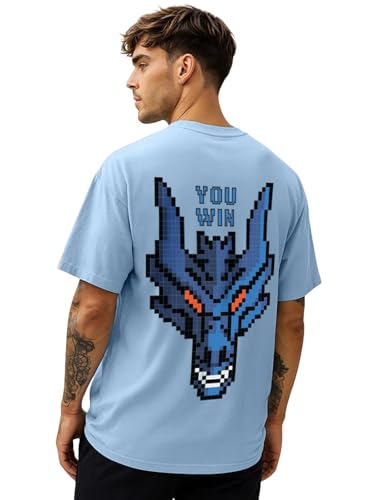 Image of Veirdo Pure Cotton Oversized Baggy Fit Drop Shoulder Stylish and Graphic Printed Round Neck Half Sleeves T-Shirt for Men (Available Color Options: Black, Green, Royal Blue, Lilac & Sky Blue)