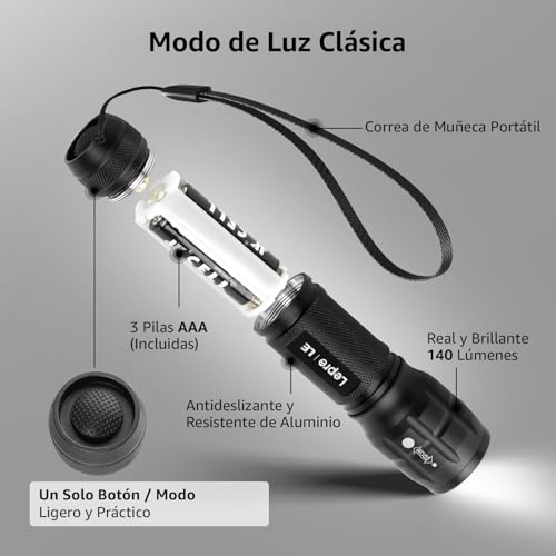 Miniatura 6 de Lepro Linterna Led Le1000, Portátil Linternas Led Alta Potencia Con Zoom, Ipx4 Impermeable Linterna Táctica De Aluminio Para Ciclismo, Camping, Senderismo, Emergencia Etc. 3 Aaa Pilas Incluidas