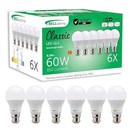 BELL Lighting B22 Bayonet Light Bulb LED GLS 6 Pack | Natural White 4000K | 810 Lumen 8.1 Watts | Energy Saving GLS LED Light Bulb | 60W Lamp Equivalent | Non-Dimmable