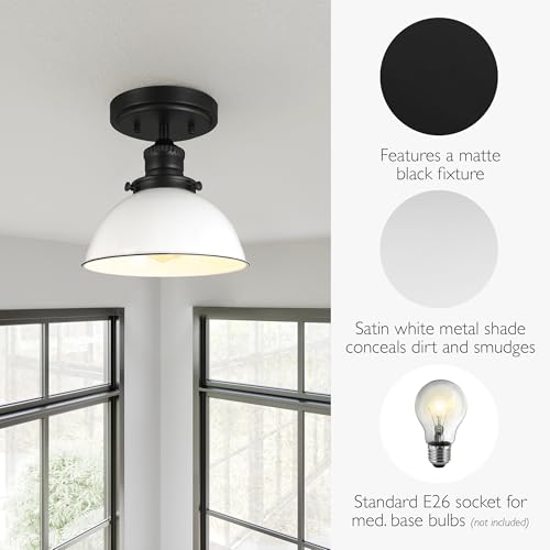 Image of Design House Savannah Rustic Farmhouse Ceiling Light, Semi-Flush Mount, Dimmable, White Metal Shade, Matte Black, 8 in x 8 in x 9 in, 588319
