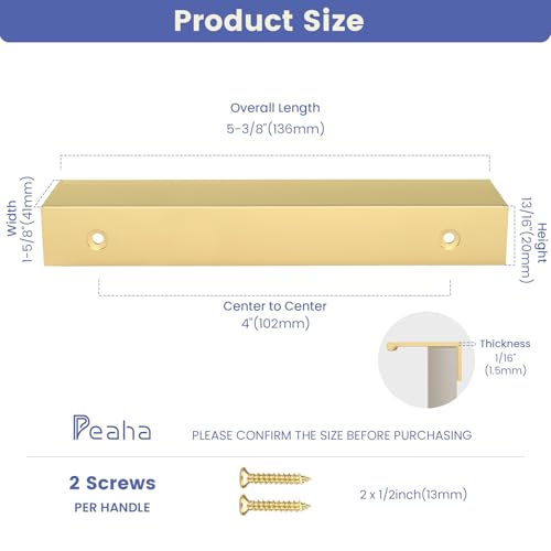 Image of Peaha 10 Pack Kitchen Cabinet Handles 4 inch Matte Gold Pulls Edge Pulls | Gold Cabinet Handles Finger Pulls for Cabinets Modern Hidden Aluminum Alloy Dresser Drawer Handles Closet Bedroom