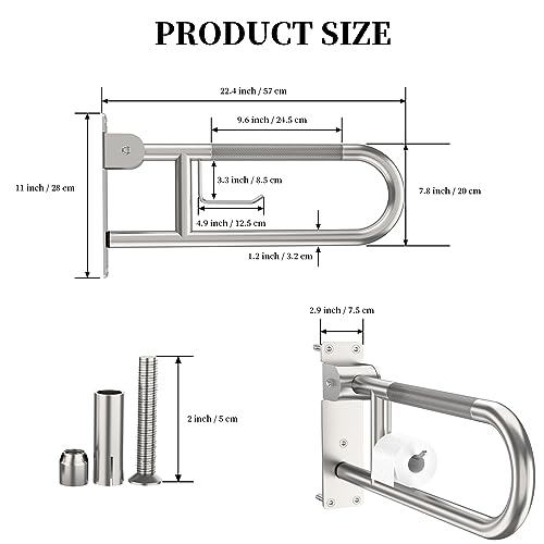 Toilet Grab Bar 22.4 Inch, Munzong Brushed Nickel Anti-Slip Support Rail, U Shaped Flip-Up Grab Bar with Paper Holder, Stainless Steel Knurled Handicap Safety Handrails for Disabled Elderly Pregnant by Munzong - Image 2