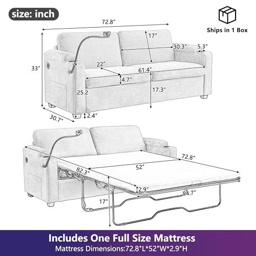 Image of ERYE 72-Inch 2 Seat Sofa Couches W /Foldable Full Size Memory Mattress Sleeper Bed, Functional Convertible Loveseat Sofa Striped Corduroy Upholstered Couch for Home Apartment
