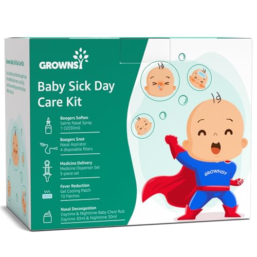 Image of GROWNSY Baby Sick Day Care Kit, Saline Nasal Spray, Nasal Aspirator for Baby, 2 PCS Day & Night Chest Rubs, Baby Medicine Dispenser and Fever Patch for Kids