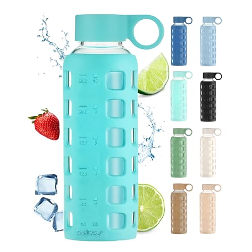 Image of purifyou 40oz / 32oz / 22oz / 12oz Borosilicate Glass Water Bottle with Time & Volume Markers, Silicone Sleeve, Stainless Steel Lid | Reusable Glass Bottle for Water & Juice (12oz Aqua Blue)
